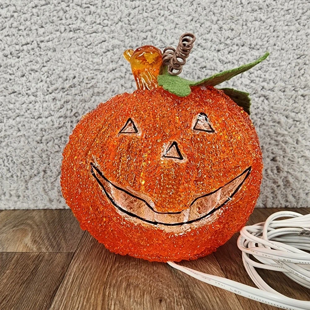 Vintage Orange Glass Popcorn Jack O Lantern Pumpkin Tabletop Light 6.5